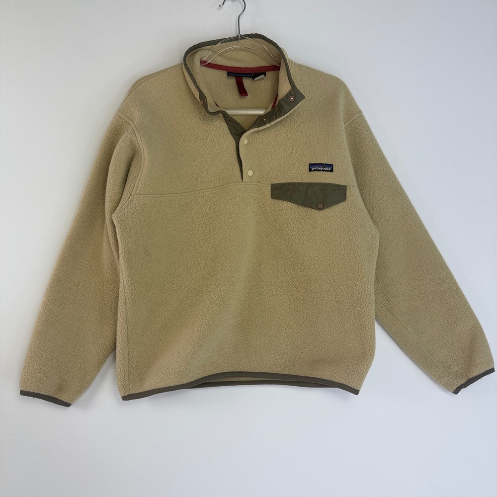 Patagonia Synchilla Snap-T Pullover Mens Small Tan Fleece Olive Green Trim 12536 - Picture 2 of 15